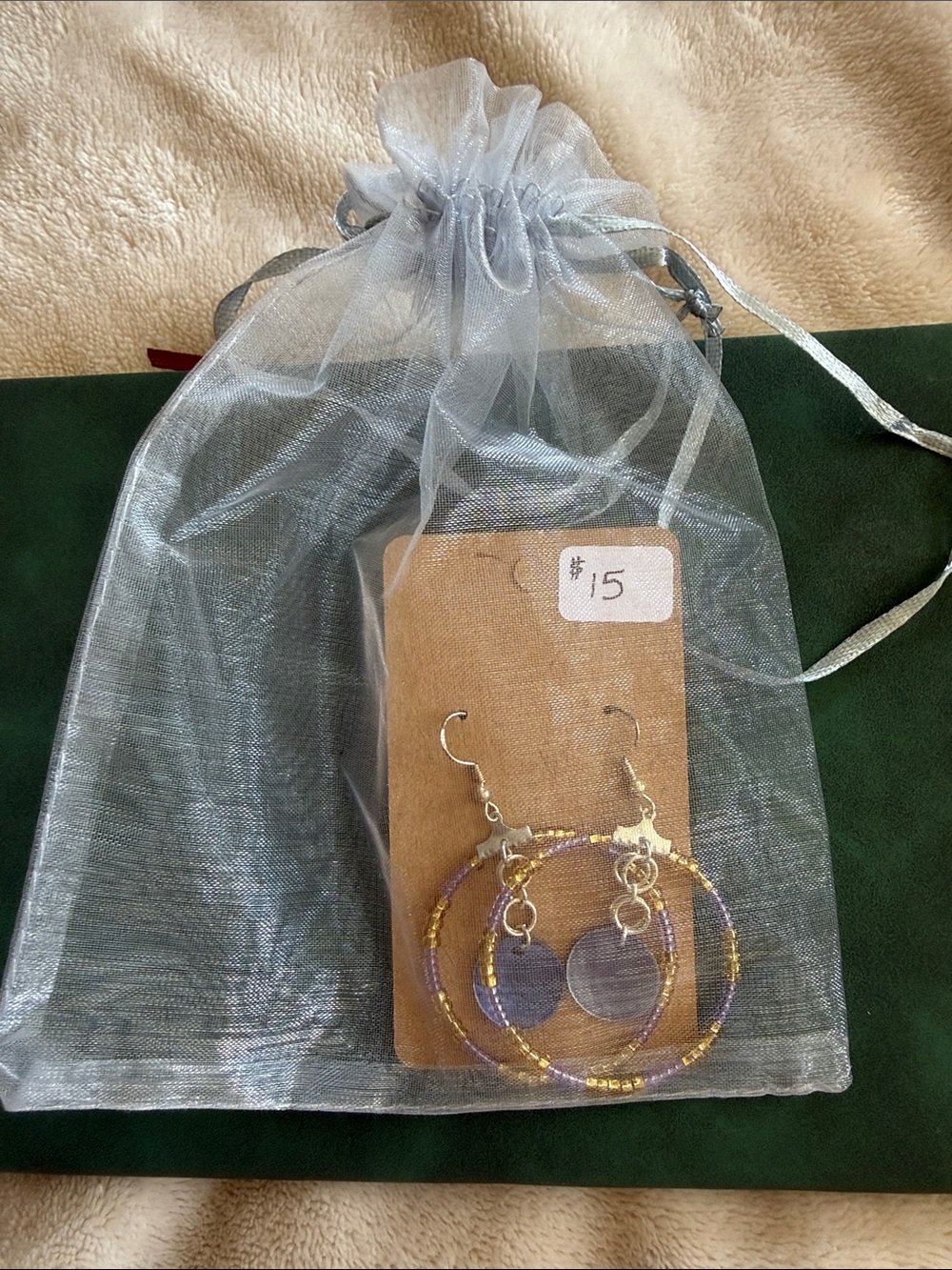 NWT Gold and Purple Beaded Hoop Earrings with Translucent Purple Charms